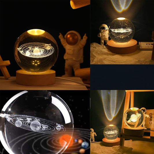 3D Galaxy Crystal Ball LED Night Light – Engraved Glass Lamp with Wooden Base & USB | Dimmable Planet Light for Home, Office, Gifts & Kids' Room Decor