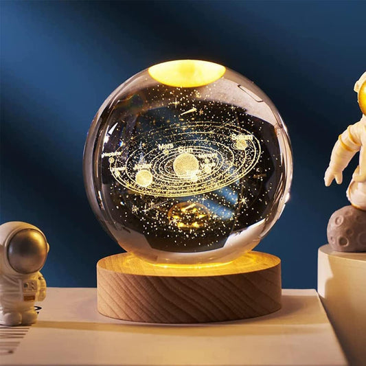 3D Galaxy Crystal Ball LED Night Light – Engraved Glass Lamp with Wooden Base & USB | Dimmable Planet Light for Home, Office, Gifts & Kids' Room Decor